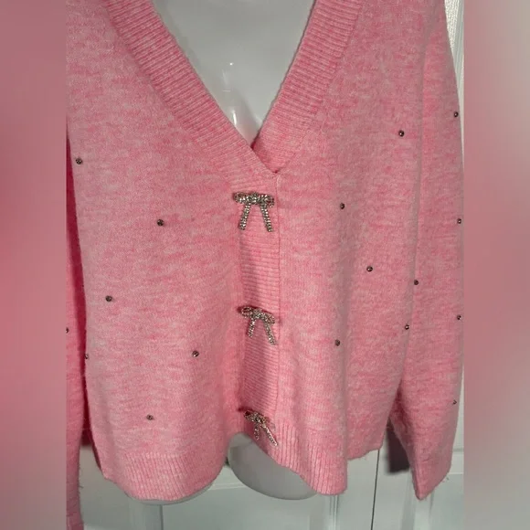 Lilly Pulitzer Ellorie Bow Sweater Pink Heathered ConchShell Paradise Rhinestone - Picture 3 of 11